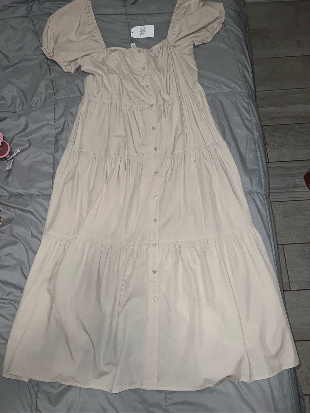 Time and TRU Beige Puff Sleeve Button Front Dress - Picture 3 of 6